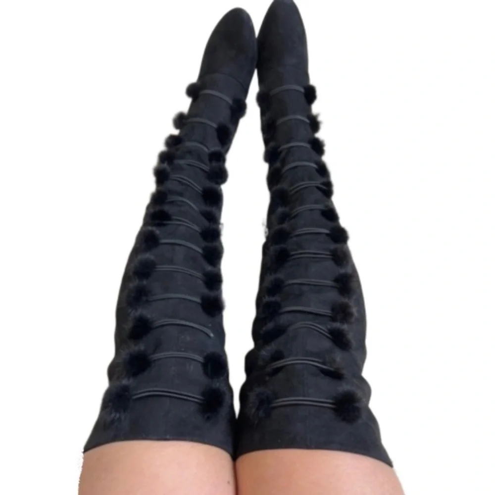Stevey Faux Fur Pom Pom Knee High Boots